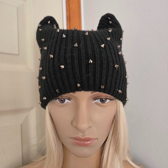 SPIKE Cat Ears Studded Knit Beanie Hat Woman's Size OS - Picture 2 of 9